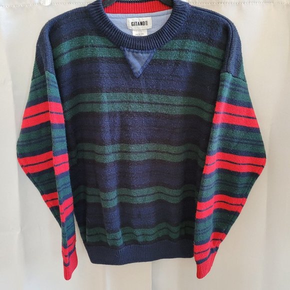 Vtg Gitano Mens Sweater Small Green Blue Stripe Y2K Hip Hop Freddy Krueger 16191 - Picture 1 of 9